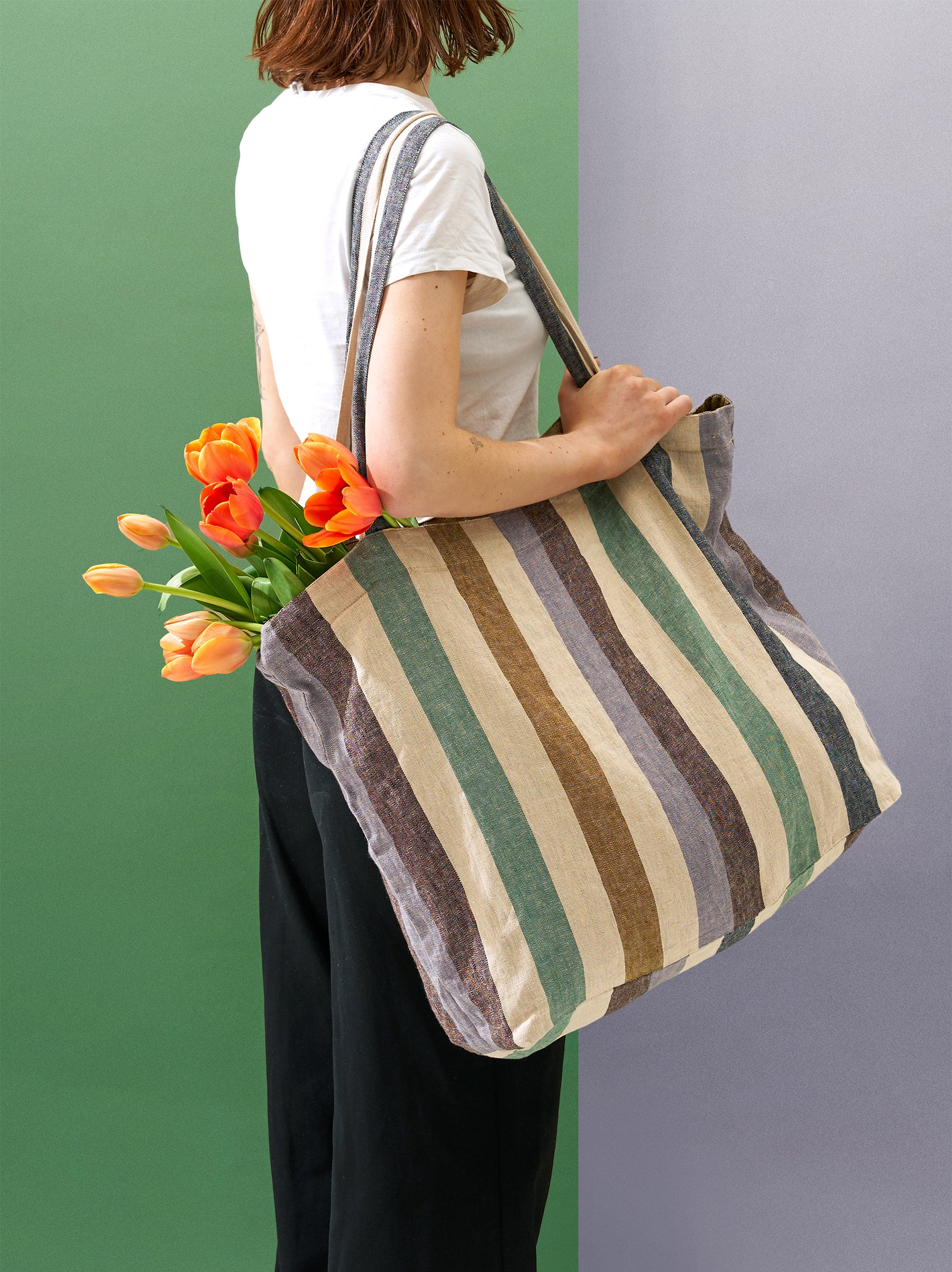 Marra Striped Market Bag Off-White/Multi / 60x13x40cmh